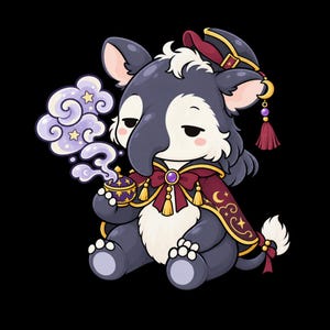 Può includere: Un'illustrazione a cartoni animati di una creatura grigio scuro e bianca simile a un tapiro, che indossa un mantello bordeaux con finiture dorate e un cappello abbinato. Tiene in mano un piccolo incensiere viola che emette fumo color lavanda.