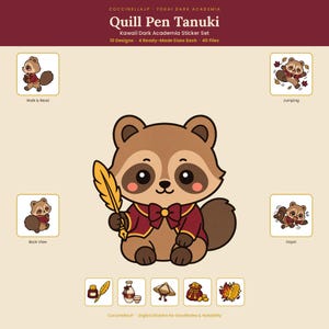 Pode incluir: Um conjunto de autocolantes digitais intitulado Quill Pen Tanuki com uma personagem tanuki castanha vestindo um casaco bordeaux com laço, segurando uma pena amarela. O conjunto inclui 10 designs, 4 tamanhos e 40 ficheiros para GoodNotes e Notability.
