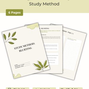 Könnte beinhalten: Eine 6-seitige digitale Lernvorlage mit dem Titel Blurting Method Template. Das Dokument hat einen hellen cremefarbenen Hintergrund mit grünen Blattillustrationen, Textfeldern für Name, Semester, Klasse und Studienjahr sowie strukturierte Notizbereiche.