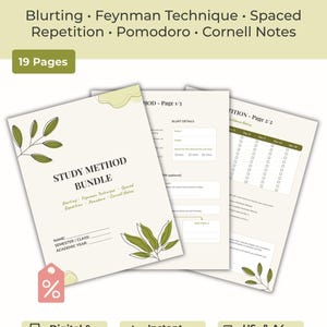 Study Method Bundle | Blurting Feynman Cornell Notes Pomodoro Spaced Repetition | Printable Study PDF US & A4