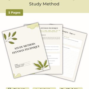 Può includere: Un modello digitale di metodo di studio Feynman Technique di 5 pagine in formato US e A4. Il documento presenta uno sfondo color crema con illustrazioni di foglie verdi, testo nero e campi per nome, semestre, classe e anno accademico.
