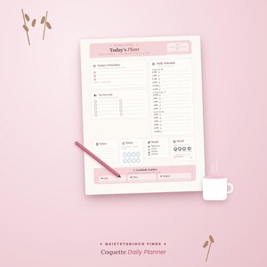 Op de afbeelding: Een lichtroze dagplanner-vel getiteld Today's Plans met secties voor prioriteiten, een dagschema van 06:00 tot 22:00 uur, een takenlijst, waterinname, maaltijden, stemming en dankbaarheid. Een roze potlood ligt op het vel naast een witte mok.