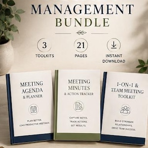 May include: A Meeting Management Bundle featuring three toolkits across 21 pages. The set includes a Meeting Agenda & Planner, Meeting Minutes & Action Tracker, and a 1-on-1 & Team Meeting Toolkit, all presented with clear text and icons for professional organization.