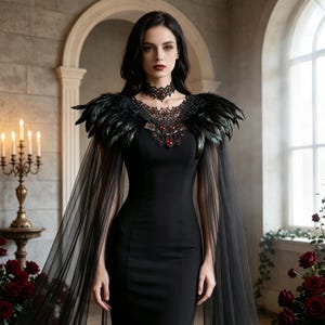 Könnte beinhalten: Ein bodenlanges schwarzes Kleid mit einem transparenten Umhang, schwarzen Federakzenten an den Schultern und einem Spitzenkragen, der mit roten Edelsteinen verziert ist. Dazu gehört ein passendes Spitzenhalsband mit einem roten Stein.