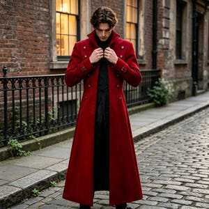 May include: A long, floor-length red coat featuring a high collar, double-breasted gold-toned buttons, and buckled cuffs. The coat is worn over a black high-neck garment and black trousers, creating a structured, full-length silhouette.