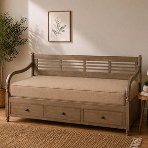 Puede incluir: Un diván con estructura de madera de color marrón claro desgastado, con respaldo de listones, reposabrazos curvos y tres cajones de almacenamiento integrados en la base. El diván incluye un cojín beige grueso y rectangular.