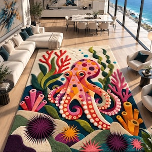 Op de afbeelding: Een rechthoekig vloerkleed met een levendige onderwaterscène met een grote roze en oranje octopus als centraal punt. Het ontwerp bevat kleurrijk koraal, groen zeewier, paarse zee-egels en gele zeesterren op een diepblauwe achtergrond.