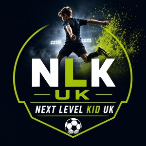 May include: A graphic logo featuring a soccer player in mid-air kicking a ball, set against a dark background with lime green accents. The text reads NLK UK and NEXT LEVEL KID UK in white and lime green, with a soccer ball icon at the bottom center.