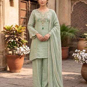 3-Piece Salsa Silk Suit Set | Coding Embroidered  Stone Work Top Flared Sharara Palazzo  Lace Dupatta