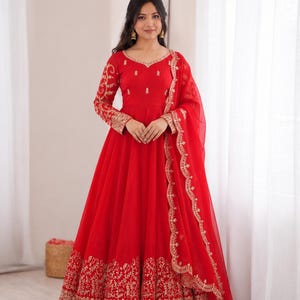 3-Piece Fendy Silk Gown Set | Coding  Sequence Embroidered Anarkali Gown Pants  Lace Dupatta