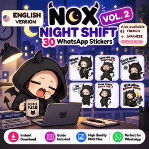 Puede incluir: Un paquete de pegatinas digitales titulado NOX NIGHT SHIFT VOL. 2 con 30 stickers para WhatsApp. La imagen principal muestra a un personaje de dibujos animados con un mono negro de diablo bostezando con una taza COFFEE PLEASE ante un portátil.