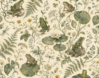 Sage Frog Wallpaper, Vintage Botanical Powder Room Decor, English Cottage Frog Wall Mural, Peel and Stick Wallpaper