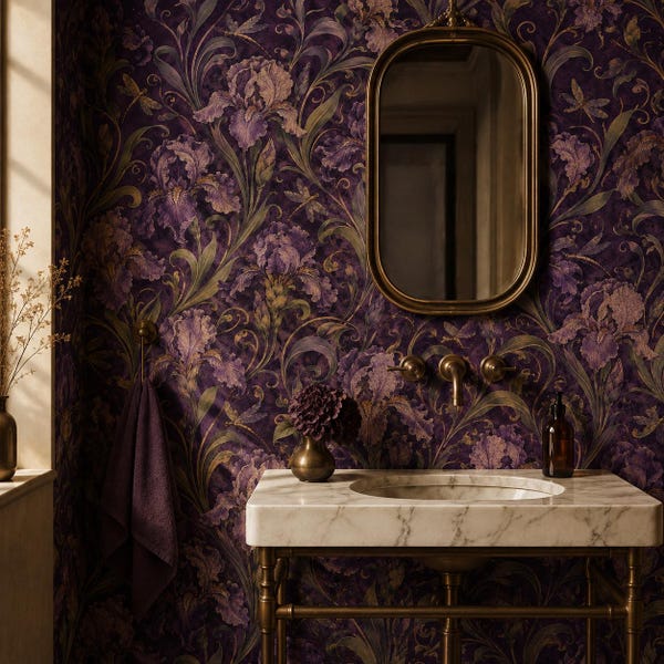 Art Nouveau Iris Wallpaper, Purple Floral Dragonfly Pattern, Victorian Peel and Stick Wall Decor