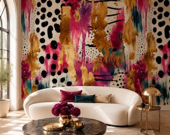 May include: A curved white sofa with a dark marble coffee table and a wall mural featuring abstract splashes of gold, magenta, and teal paint, accented by black polka dots and horizontal lines, creating a bold, layered, and textured visual effect.