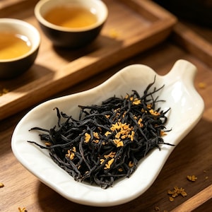 Puede incluir: Un plato de cerámica blanca con forma de hoja contiene una mezcla de hojas de té secas, finas y oscuras, y pequeños pétalos de flores de color amarillo brillante. El plato está sobre una superficie de madera junto a dos cuencos con líquido ámbar.