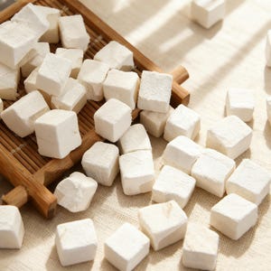 Puede incluir: Una colección de pequeños cubos de color blanco roto de hongo Poria cocos seco. Algunos cubos están apilados dentro de una bandeja de madera con listones marrones, mientras que otros están esparcidos sobre una superficie de tela clara y texturizada.