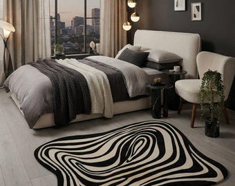 Hand Tufted Abstract Rug, Black and Cream Organic Area Rug, Modern Wavy Statement Carpet