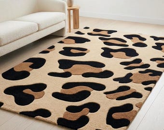Abstract Black Brown Cream Area Rug, Modern Organic Pattern, Textured Floor Decor