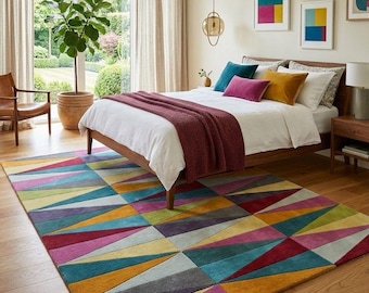 Colorful Geometric Area Rug, Modern Abstract Triangle Rug, Mid Century Floor Decor