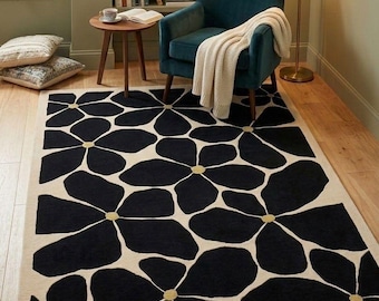 Black Floral Area Rug, Modern Abstract Carpet, Beige Gold Contemporary Floor Decor