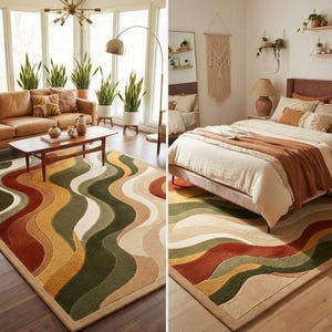 May include: A rectangular area rug featuring a repeating wavy pattern in shades of forest green, mustard yellow, burnt orange, and cream. The rug has a textured, tufted surface with a solid border and is displayed in two different room settings.