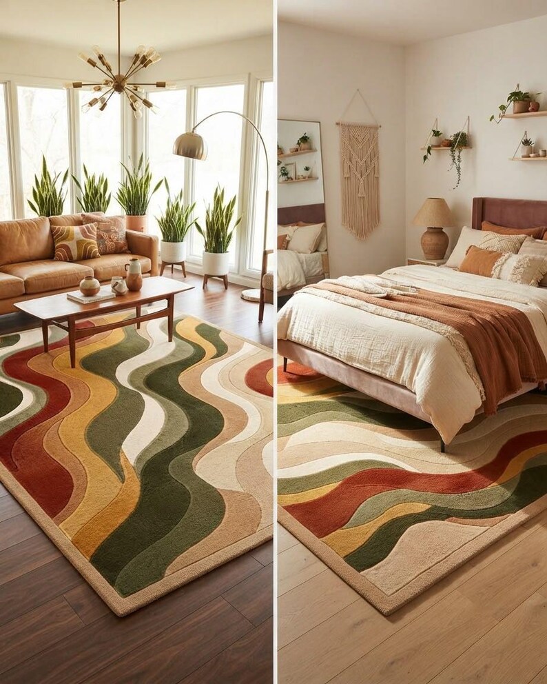 May include: A rectangular area rug featuring a repeating wavy pattern in shades of forest green, mustard yellow, burnt orange, and cream. The rug has a textured, tufted surface with a solid border and is displayed in two different room settings.