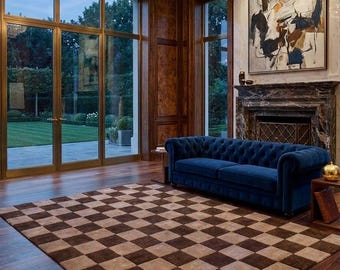 Handmade Brown Beige Checkerboard Geometric Area Rug, Modern Retro Floor Carpet