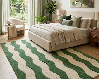 Handmade Green Cream Wavy Rug, Abstract Organic Area Carpet, Modern Floor Decor