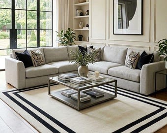 Handmade Black Ivory Border Rug, Minimalist Geometric Area Carpet, Modern Living Room Decor
