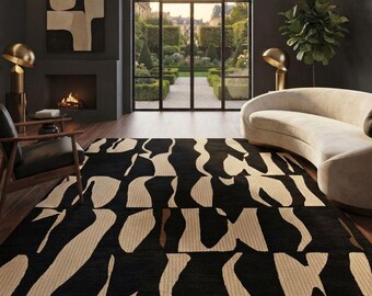 Handgetufteter abstrakter Teppich, moderner Teppich in Schwarz und Beige, minimalistischer geometrischer Teppich