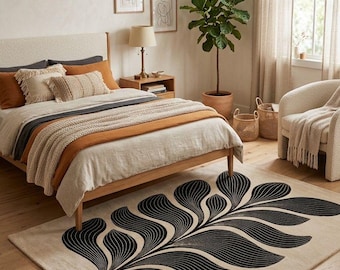 Hand-Tufted Botanical Leaf Rug, Black Beige Abstract Nature Carpet, Modern Minimalist Decor