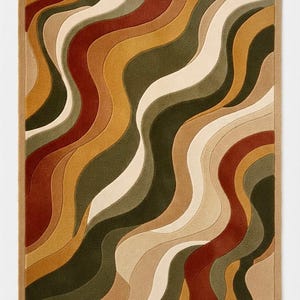May include: A rectangular area rug featuring a repeating pattern of vertical, undulating wavy lines in shades of olive green, burnt orange, mustard yellow, cream, and beige. The design is composed of textured, carved sections with a solid border.