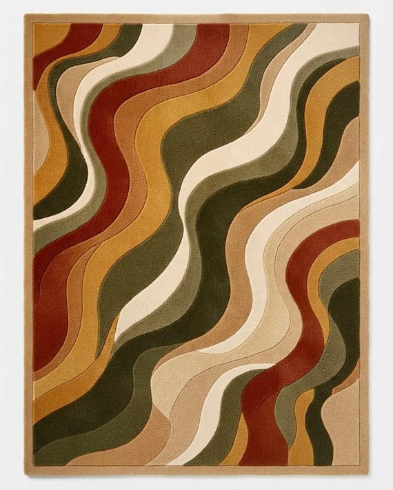 Abstract Wavy Area Rug, Modern Organic Wave Carpet, Mid Century Geometric Rug, Earth Tone Boho Area Rug, Contemporary Home Decor