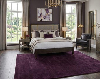 Handmade Solid Burgundy Area Rug, Deep Wine Red Minimalist Carpet, Modern Luxury Living Room Floor Rug