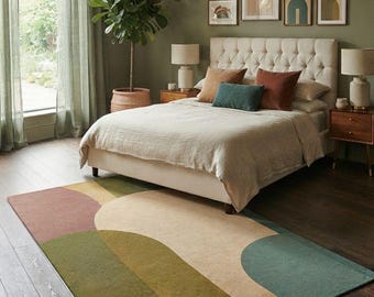 Handmade Abstract Geometric Rug, Modern Arch Area Rug, Green Brown Beige Minimalist Decor