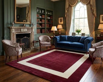 Handmade Burgundy Cream Geometric Border Area Rug, Modern Minimalist Carpet