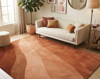 Terracotta Abstract Wave Rug, Rust Orange Boho Minimalist Area Carpet