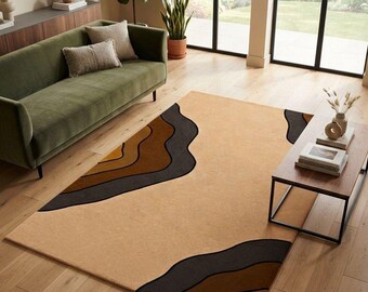 Abstract Beige Brown Rug, Modern Organic Shape Area Rug, Handmade Minimalist Floor Decor