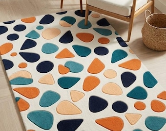 Abstract Geometric Tufted Area Rug, Navy Teal Orange Cream Accent (Modern Boho)
