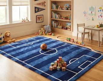 Blue Soccer Field Rug, Tufted Football Pitch Area Rug, Kids Room Decor