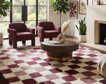 Handmade Burgundy Geometric Rug, Blush Pink Square Area Rug, Modern Abstract Floor Decor