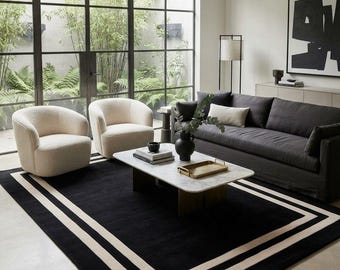 Handmade Black Cream Geometric Border Rug, Modern Minimalist Wool Area Rug