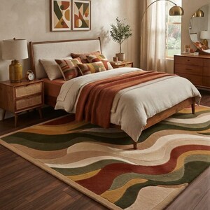 May include: A rectangular area rug featuring a wavy, multi-colored pattern in shades of olive green, burnt orange, mustard yellow, and cream. The rug has a thick, plush texture and covers the floor beneath a wooden bed frame in a bedroom setting.