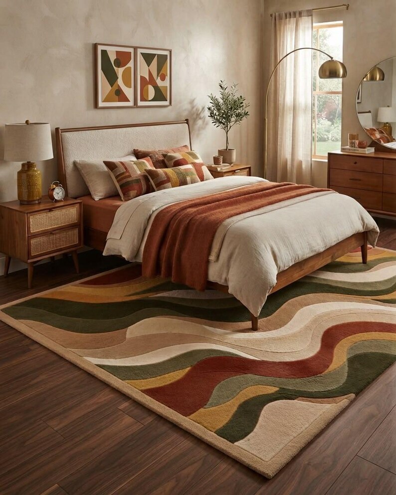 May include: A rectangular area rug featuring a wavy, multi-colored pattern in shades of olive green, burnt orange, mustard yellow, and cream. The rug has a thick, plush texture and covers the floor beneath a wooden bed frame in a bedroom setting.