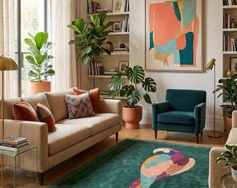 Colorful Parrot Area Rug, Dark Green Bird Rug, Modern Tropical Handmade Floor Decor
