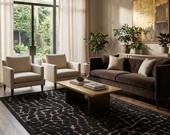 Black Geometric Area Rug, Modern Abstract Stone Pattern Rug, Handmade Neutral Floor Decor