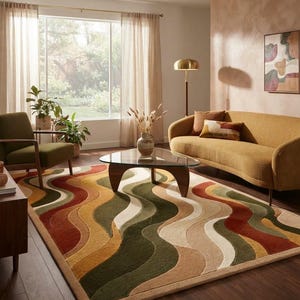 May include: A rectangular area rug featuring a repeating wavy pattern in shades of olive green, mustard yellow, terracotta orange, and cream. The rug has a textured, tufted surface with a solid-colored border, covering a dark wood floor in a room.