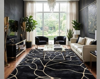Black Beige Abstract Tufted Rug, Modern Geometric Area Carpet, Contemporary Floor Decor