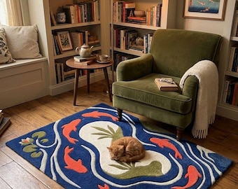 Koi Fish Area Rug, Japanese Pond Rug, Blue Floral Nature Carpet, Handmade Home Decor