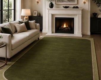 Minimalist Olive Green Area Rug, Modern Solid Border Rug, Handmade Contemporary Floor Decor